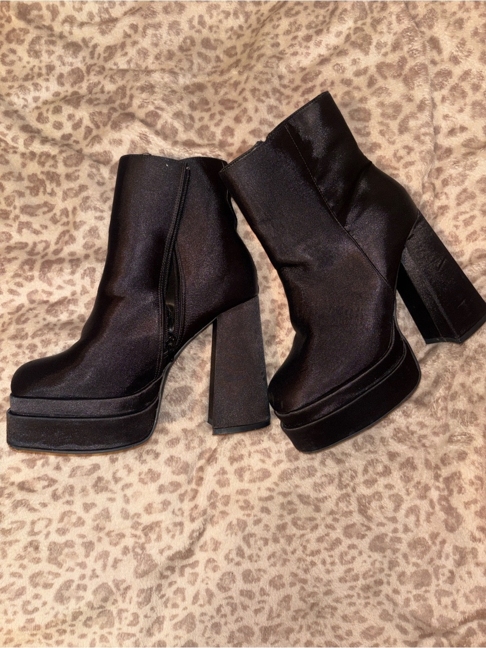 Wild Diva Black Satin Platform Block Heel Ankle Boots